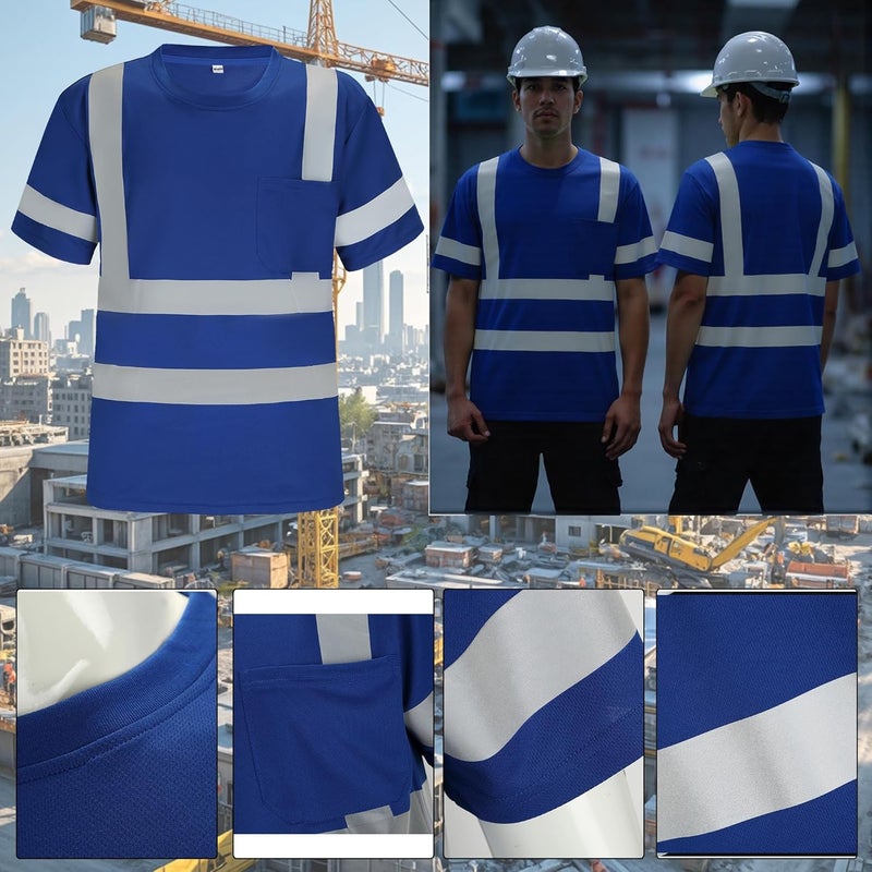 Wuple Store Safety Shirts for Men Construction Short Sleeve Quick Dry with Pocket Workwear, Class 3 High Visibility Shirts with Reflective Strips Blue M 3PCS - Image 5